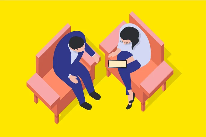O ilustra'ie cu două persoane așezate pe scaune roz, angajate într-o discuție. Una dintre persoane ține o tabletă, sugerând un cadru colaborativ sau profesional. Fundalul galben strălucitor adaugă vitalitate scenei, accentuând un stil vizual modern și minimalist.