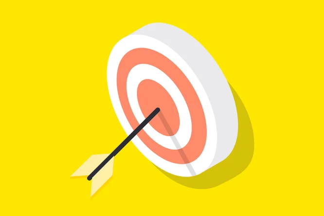 O singură săgeată este ilustrată lovind centrul unei ținte clasice de tip bullseye. Ținta prezintă cercuri concentrice roșii și albe și proiectează o umbră pe un fundal galben strălucitor. Imaginea utilizează un stil de ilustrație plat, minimalist, cu culori îndrăznețe. Nu sunt prezente texte sau numere vizibile în imagine