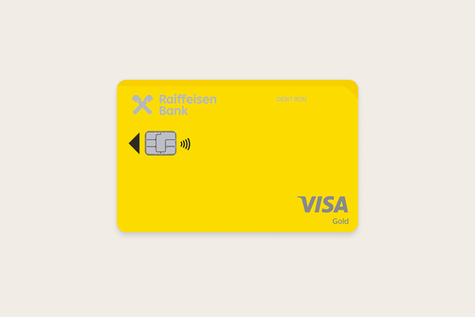 Imaginea prezintă un card de debit emis de Raiffeisen Bank, cu un design predominant galben. În colțul stâng sus se află logo-ul și denumirea băncii „Raiffeisen Bank”, scrise cu litere albastre deschise. Sub acestea se regăsesc un cip pentru tranzacții electronice și simbolul pentru plăți contactless. În partea dreaptă sus este inscripționat textul „DEBIT RON”, indicând moneda contului. În colțul din dreapta jos apare marca „VISA Gold”, scrisă cu litere gri.