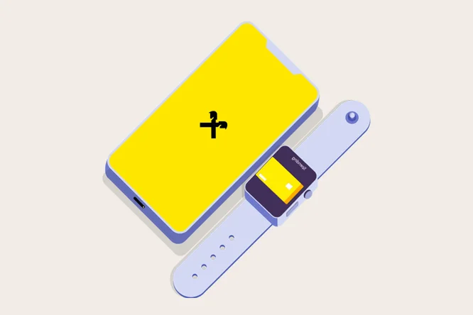 Ilustrație cu un smartphone și un smartwatch în culorile galben și mov, afișate împreună, sugerând utilizarea aplicațiilor mobile și a tehnologiei wearable.
