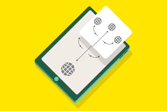 O tabletă digitală afișează un card cu o pictogramă de glob și săgeți de rețea, sugerând conectivitate globală sau transfer de date. Ilustrația folosește un stil de design plat, cu un fundal galben strălucitor pentru contrast ridicat. Elementele vizuale principale sunt tableta, simbolurile globului și săgețile direcționale, evidențiind teme de tehnologie și comunicare. Nu sunt prezente texte sau numere vizibile.