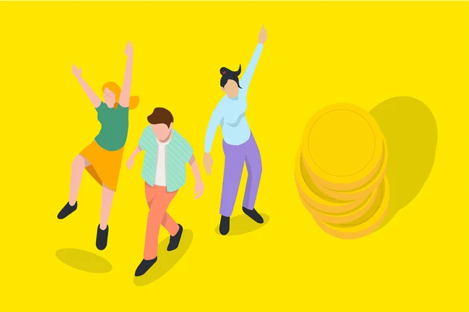 O ilustrație vibrantă care prezintă trei persoane în poziții dinamice, exprimând bucurie și sărbătoare. Fundalul este galben strălucitor, cu un teanc de monede evidențiat în partea dreaptă. Personajele sunt diverse ca înfățișare, purtând ținute colorate care completează atmosfera veselă.