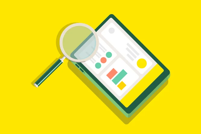 O lupă ilustrată plutește deasupra unei tablete digitale care afișează grafice și diagrame. Decorul este minimalist și abstract, cu un fundal galben strălucitor care pune accent pe analiza datelor. Elementele vizuale includ grafice colorate de tip bară și grafice circulare, sugerând analiză sau cercetare. În imagine nu sunt prezente texte sau numere vizibile.