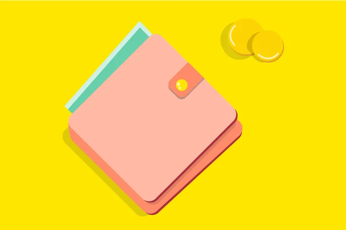 Un portofel roz pastel cu închidere cu capse este așezat pe un fundal galben vibrant. Două monede aurii sunt poziționate în apropiere, adăugând o temă financiară compoziției. Designul portofelului este simplu și modern, cu un card turcoaz vizibil ieșind din interior.