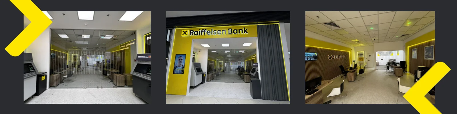Imaginea prezinta trei perspective diferite ale unei sucursale Raiffeisen Bank. Prima este o vedere din interior, aratand holul bancii cu bancomate pe partea stanga si dreapta si o usa de sticla care duce catre o alta zona. A doua este o vedere exterioara a intrarii in banca, cu sigla Raiffeisen Bank afisata deasupra usii. A treia este o alta vedere din interior, care arata o zona de asteptare cu birouri, scaune si un ecran TV montat pe perete.