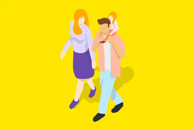 Ilustrație cu o familie formată din doi adulți și un copil, mergând pe un fundal galben vibrant. Adulții includ un bărbat care poartă copilul pe umeri și o femeie care merge alături de ei. Scena transmite o stare de spirit veselă și relaxată, cu elemente vizuale simple și colorate.