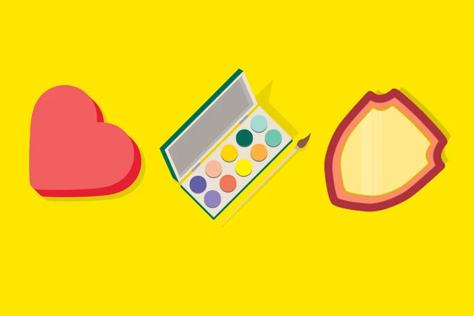 O ilustrație digitală prezintă trei obiecte distincte pe un fundal galben strălucitor: o inimă roșie, o paletă deschisă de acuarele cu mai multe culori și o formă asemănătoare unui scut, cu un contur roșu. Obiectele sunt dispuse uniform și sunt redate într-un stil plat, minimalist. În imagine nu sunt prezente texte sau numere vizibile.