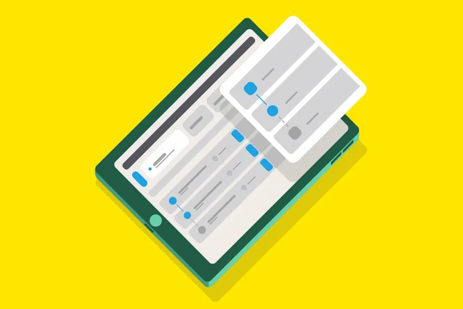 O ilustrație digitală stilizată prezintă o tabletă care afișează o interfață de utilizator cu mai multe glisoare și controale de ajustare. Elementele interfeței sunt evidențiate în nuanțe de albastru și gri, sugerând personalizare sau configurarea setărilor. Fundalul este galben, uniform și vibrant, creând o atmosferă modernă și energică. În imagine nu sunt prezente texte sau valori numerice vizibile.