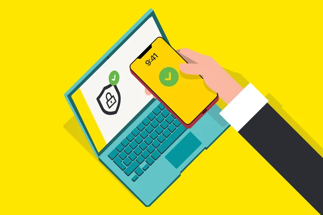 Ilustrație cu o mână care ține un smartphone ce afișează ora 9:41, poziționat deasupra unui laptop pe al cărui ecran este afișat un scut de securitate cu bifa de confirmare. Scena reprezintă un proces de autentificare digitală, cel mai probabil verificare în doi pași. Fundalul este galben strălucitor, iar elementele vizuale sunt curate și moderne, realizate într-un stil flat.