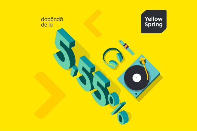 Un grafic indraznet prezinta textele „dobanda de la 5,55%” si „Yellow Spring” pe un fundal galben vibrant. Scena include un pick-up, casti audio si un stilou, sugerand o tematică muzicala sau creativa. Cifrele 3D mari „5,55%” sunt afisate proeminent, subliniind rata dobanzii. Stilul general este modern si jucaus, cu o paleta de culori luminoasa.