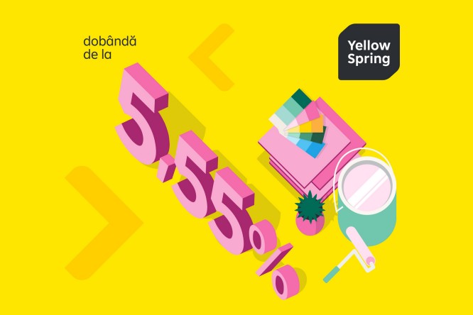 Un fundal galben intens prezinta un procent mare roz „5,55%”, insotit de mostre de vopsea, carti, o mica planta si un trafalet de vopsit. Textele „dobanda de la” si „Yellow Spring” sunt clar vizibile, sugerand o tematica sezoniera sau promotionala. Compozitia foloseste elemente vizuale jucause si moderne, cu o paleta luminoasa si vesela. In imagine nu apar persoane.